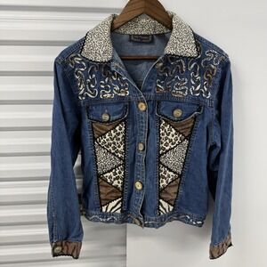 Vintage New Directions M Denim Jacket Animal Print Patchwork 90s